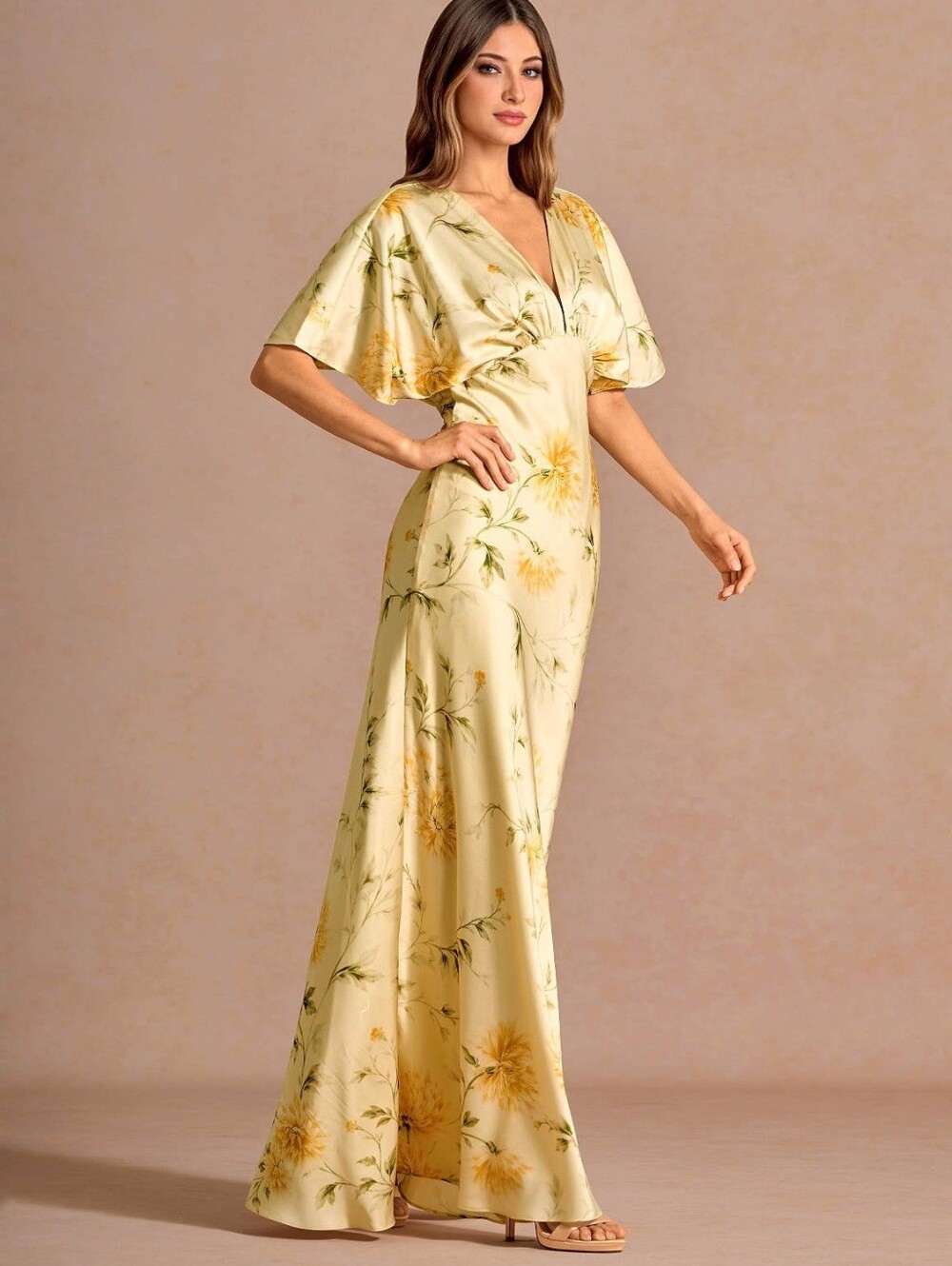 Azazie Lavinia Maxi Dress Lemon Sorbet floral satin v-neck gown women's 8 NWT